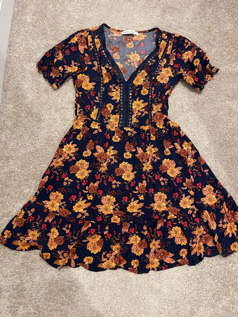 Floral V-Neck Mini Dress in Navy and Mustard